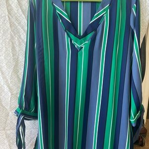 White, green, blue striped shirt, with ties and the end of each sleeve